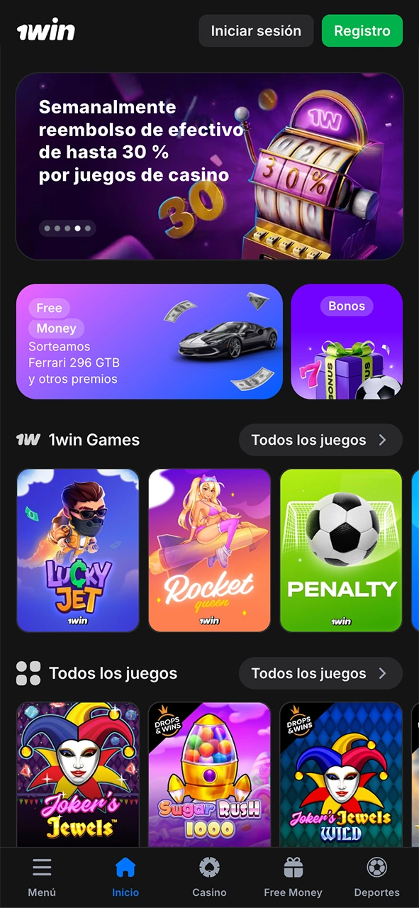 Inicio de sesión en la app 1Win Balloon.