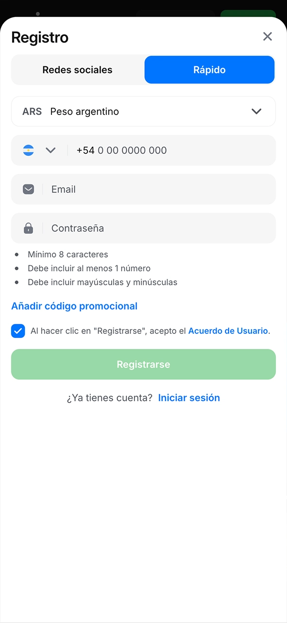 Registro rápido en la aplicación 1Win Balloon.