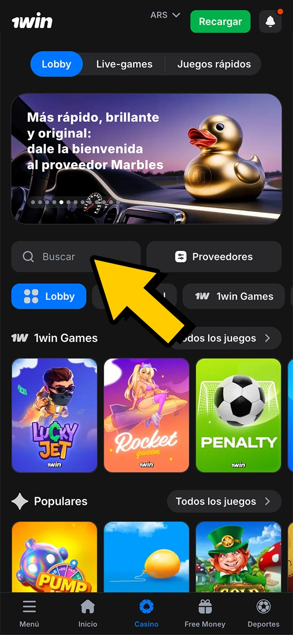 Busca el juego Balloon dentro de la app 1Win.