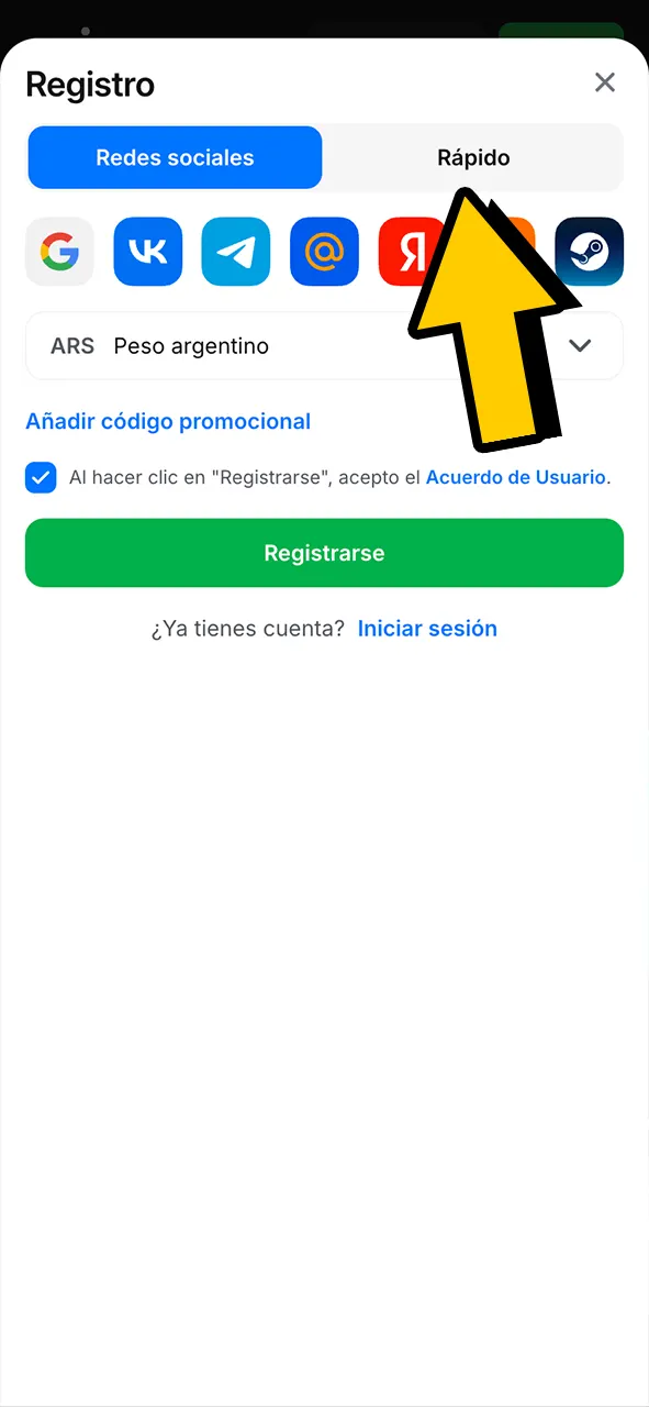 Selecciona método de registro en 1Win y accede a Balloon.